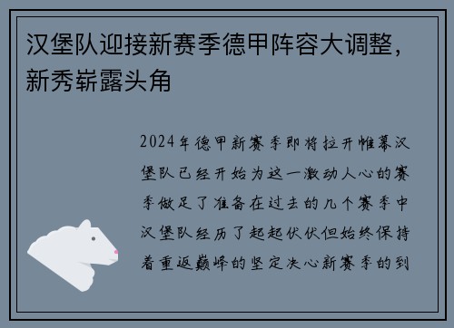 汉堡队迎接新赛季德甲阵容大调整，新秀崭露头角